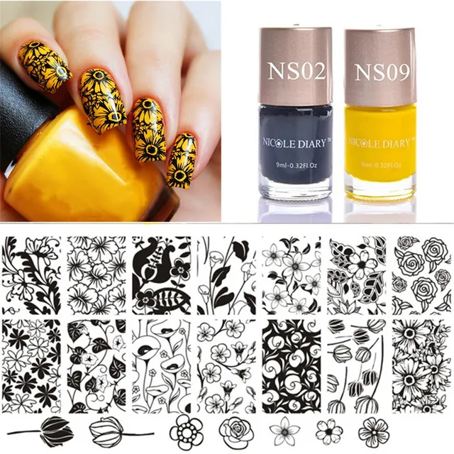 3 Pcs Stamp Set Tulip Stamping Plates Flower Pattern With Color 3 Pcs Stamp Set Tulip Stamping Plates Flower Pattern With Color Polish Yellow Black For