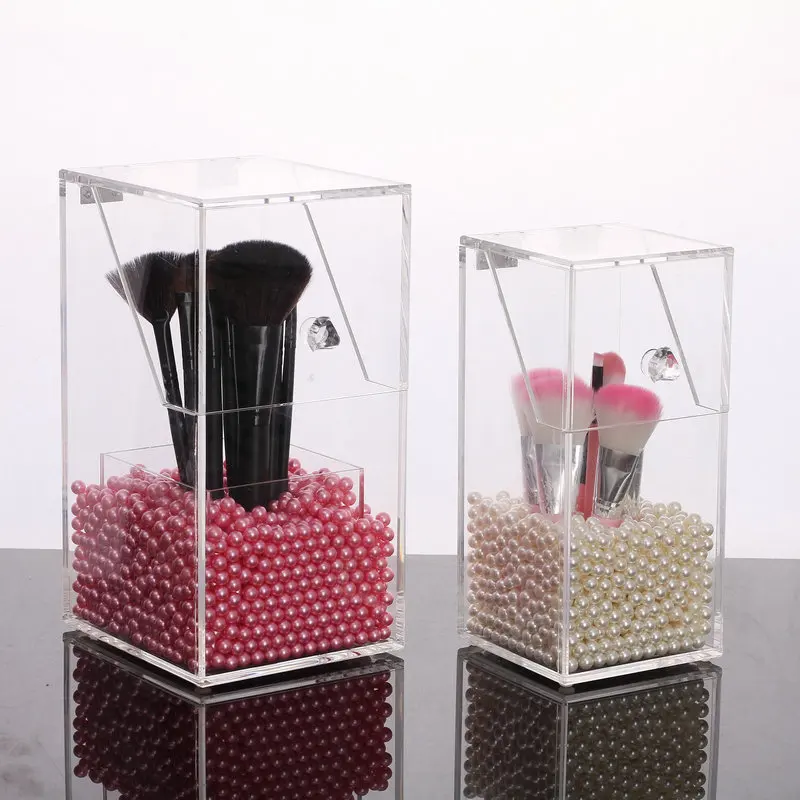 

Clear Acrylic Makeup Brush Holder Lipstick Organizer Cosmetic Case Makeup Storage Box Desktop Makeup Tools Container No Pearls
