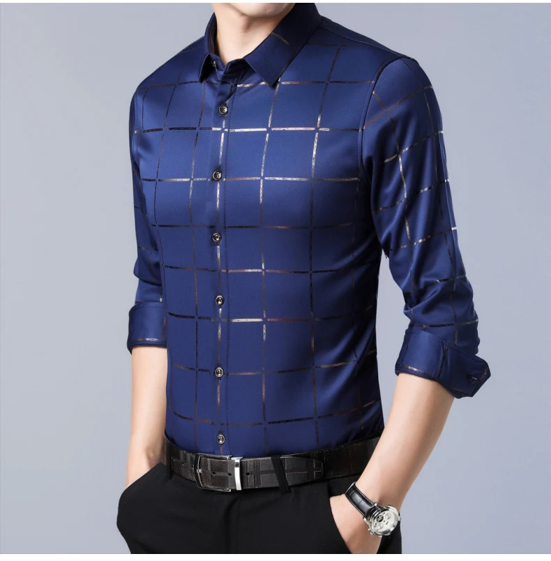 2021 Brand Casual Spring Luxury Plaid Long Sleeve Slim Fit Men Shirt Streetwear Social Dress Shirts Mens Fashions Jersey 2309