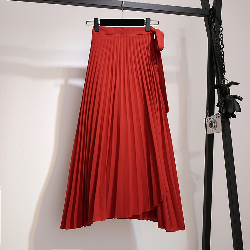 

2019 New Spring and Summer Solid Color High Waist Chiffon Pleated Skirt Female Casual Holiday One-piece Bohemian Long Skirts