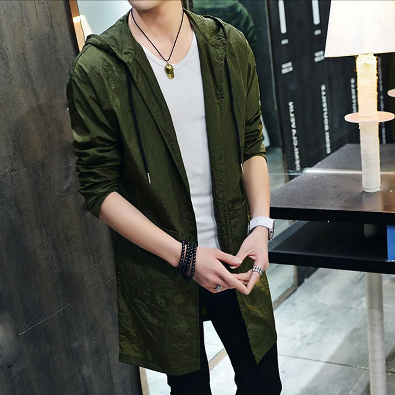 

Fashion Trench Coat 2019 Summer Long Hooded Windbreaker Casual Slim Coat Male 4 Classic Colors Asian Size XXL MWF290
