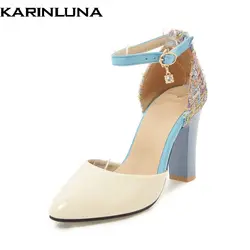 Karinluna/большой Размеры 32-46 острый носок в стиле пэчворк женские туфли-лодочки с ремешком-брошкой на высоком каблуке-шпильке офисные