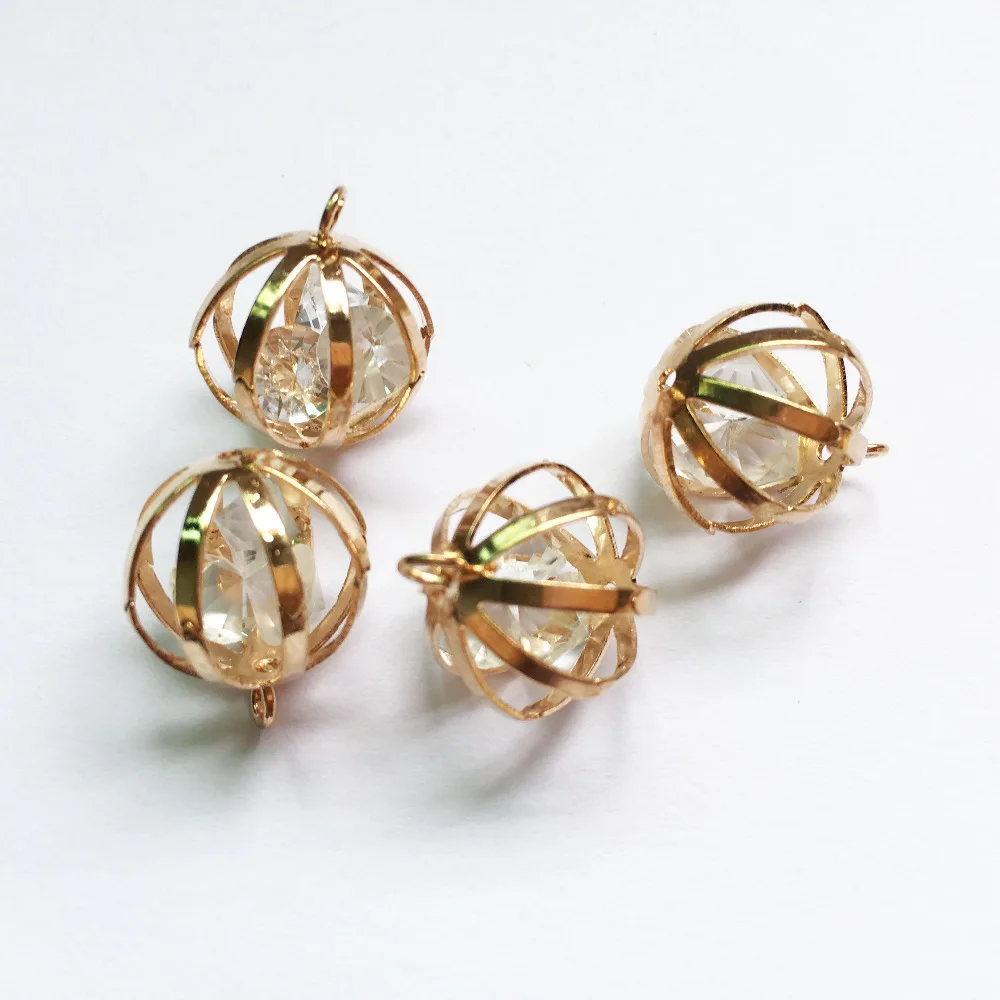 

5PCs/Lot 16MM 3D Round Hollow Out Gold Tone Alloy Crystal Ball Charms DIY Jewelry Ornament Accessories Metal Charm