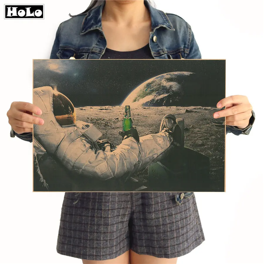 

Vintage Outer Space Earth Astronauts Drink Relaxing Moon Land kraft paper poster Wall sticker print painting 42x30cm FRD020