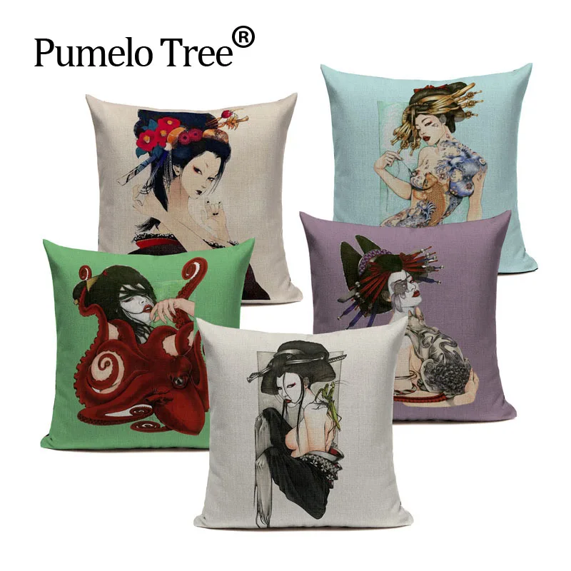 

45x45cm Cotton Linen Quote Cushion Cover Creative Japanese Kabuki Pattern Day Gift Pillow case Throw Pillow Cover Dropshipping