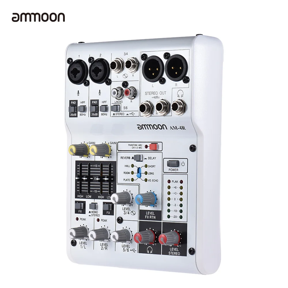 Ammoon AM-4R 6-канальный звуковая карта цифровой аудио микшер встроенный 48 V Phantom Мощность Поддержка Мощность ed 5 V Мощность банка