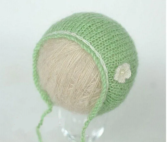 Handcraft Baby hand Knit Mohair Bonnet With Flower on Baby Shower Gift