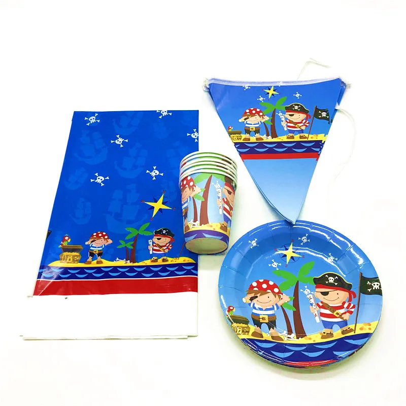 

Little Pirate Theme Design 73pcs Disposable Cup Plate Flag Grand Event Banner Kid Birthday Party Tablecover Decoration Supply