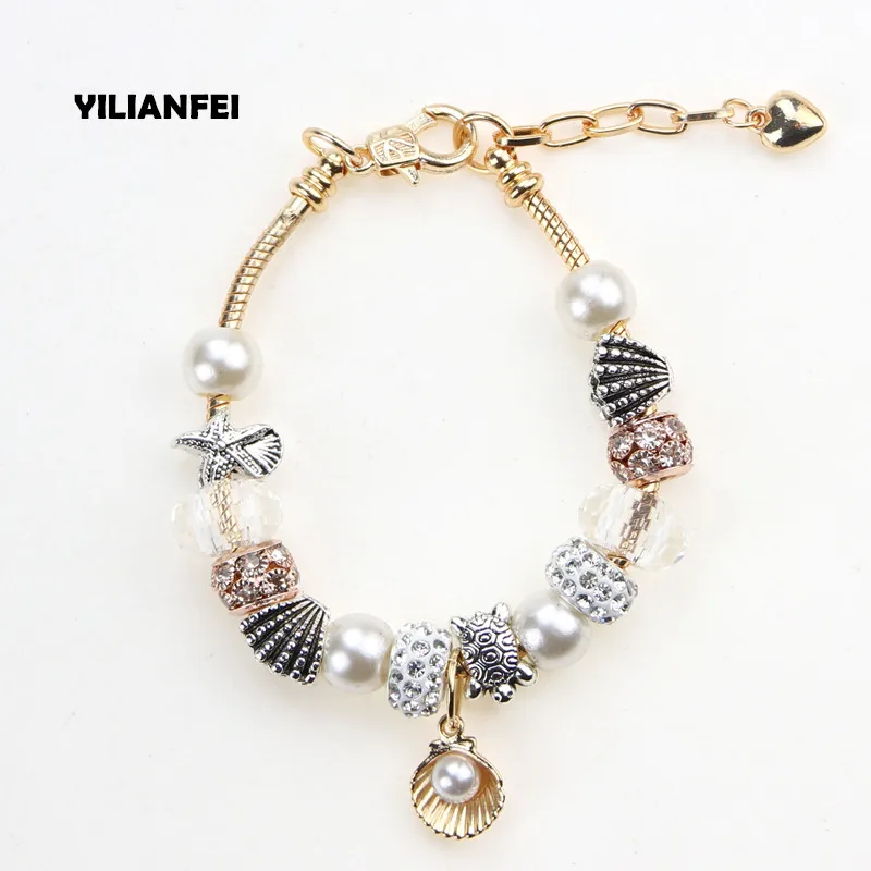 

YILIANFEI Adjustable Heart pendant Fashion cute Charm Pandora Bracelets & Bangles with aureate Crystal Beads For Women BT0181