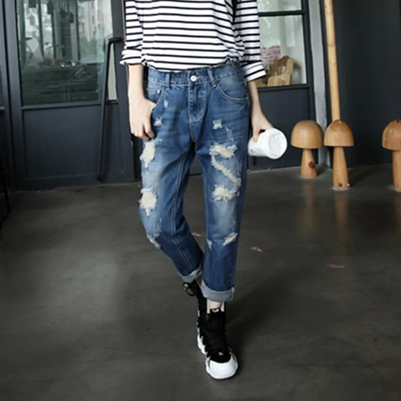 Женские весенние и летние новые большие размеры отверстие корейской версии девять брюки Harlan девять брюки свободные джинсы TB18308