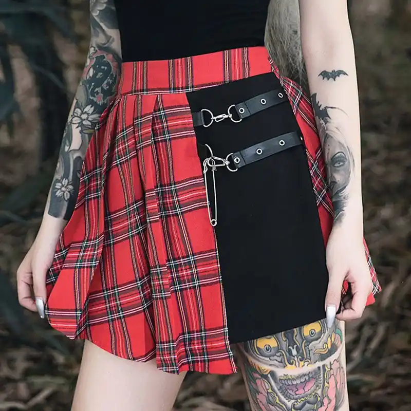 Punk Rave Women's Goth Two Piece Irregular A Line Plaid Pleated Skirts