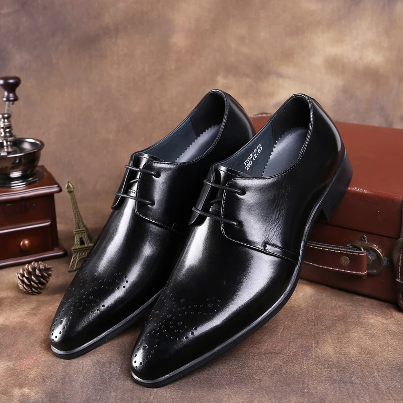 

CLORISRUO Black / Brown Tan Pointed Toe Business Shoes Mens Dress Shoes Genuine Leather Oxfords Boys Prom Shoes Man Wedding Groo