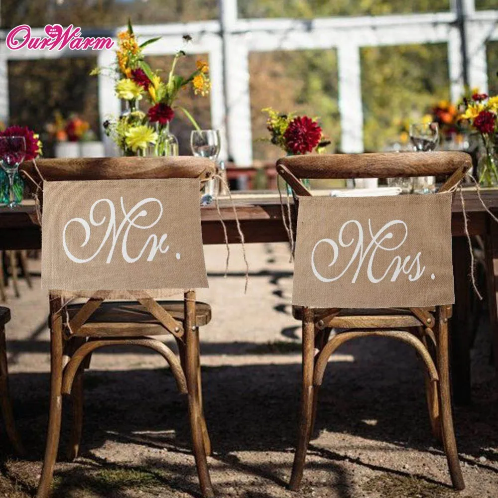 OurWarm Khaki Mr& Mrs Burlap Chair Banner Set Chair Sign Garland Rustic Wedding Party Decoration 30 x 20cm