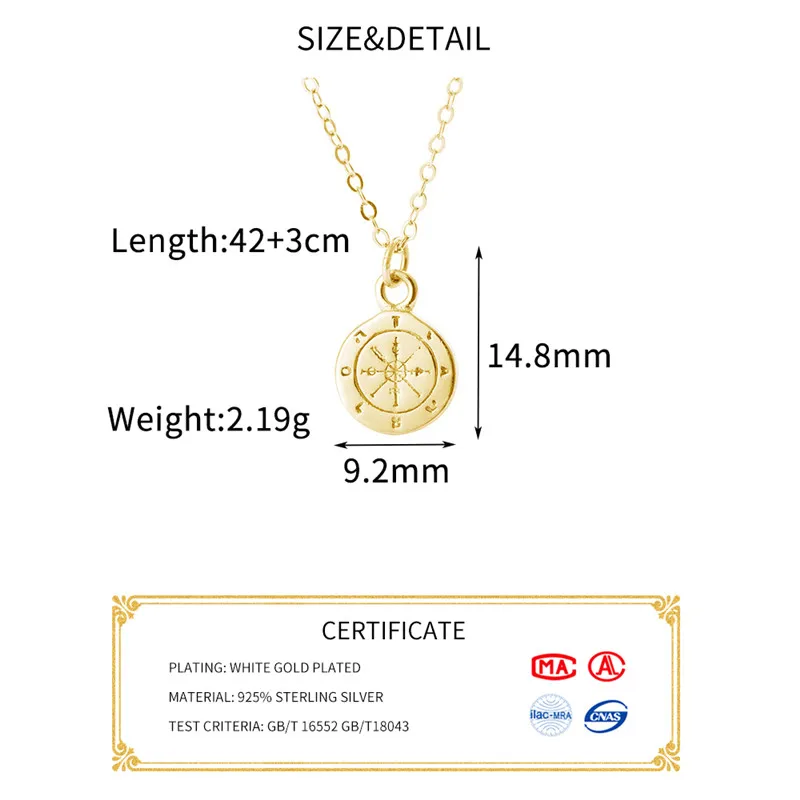 INZATT Настоящее 925 пробы Серебряное винтажное круглое ожерелье подвеска с компасом для модных женщин золотого цвета