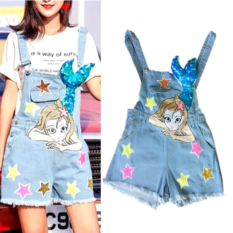 

Brand Design Runway Women sequin Sweet Jeans Jumpsuit Women Cartoon Ocean Beauty Girl Stars Denim Rompers Denim Overalls NS939