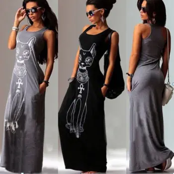 

Stylish Hot Sale Women Sleeveless High-waist Slim Package-hip Cat-print Long Dress Lady Summer Comfortable Casual Dress S-XL