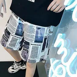 Свободные шорты для женщин для мужчин хип хоп газета полный печатных уличная мужские высотой до колена повседневное бермуды Masculino треники