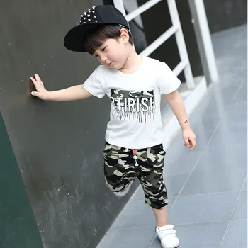 

Summer boys 2 pcs set baby short sleeve tee shirt + shorts kids suit children clothes toddler letter camouflage print 2 to 7 yrs