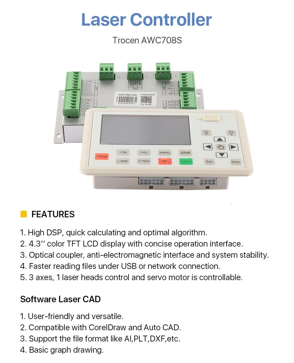 Trocen AWC708S Co2 лазерный контроллер системы для лазерной гравировальная и режущая машина замена AWC708C Lite Ruida Leetro
