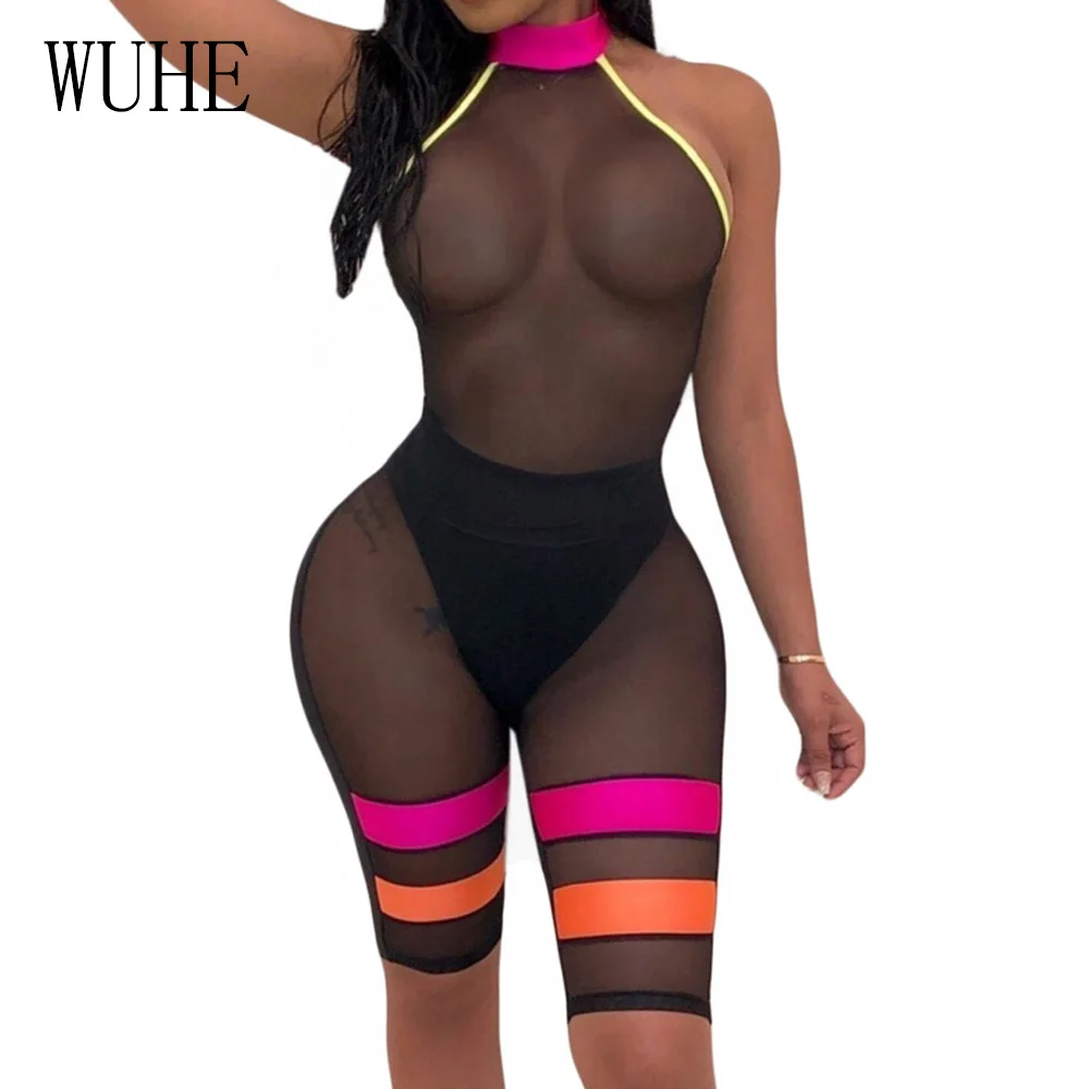 

WUHE Sexy Sheer Mesh Halter Jumpsuit Summer Playsuit Backless Hollow Out Night Club Party Romper Fashion Bar Overalls Costumes