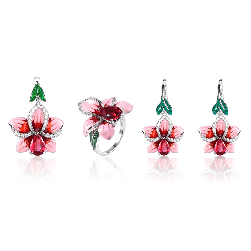 

2018 New Pink Enamel silver orchid Jewelry Set (stub Earrings Pendant ring) Authentic 925 Sterling Silver Jewelry DIY Making