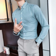 Брендовая новинка, мужская рубашка, Осень-зима, деловая, повседневная, мужская, s, с длинным рукавом, облегающая, в полоску, официальная одежда, блуза Homme 3XL-M