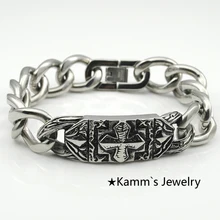 Мужской браслет с крестиком, литой серебряный браслет из нержавеющей стали, ID браслеты для мужчин, байкеров, подарок, оптом, мужской браслет, KB395