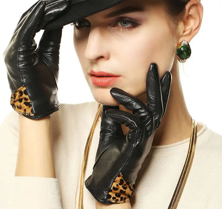 Top Quality Suede Leather Glove With Leopard Cuff Glove Fashion 1 Pair