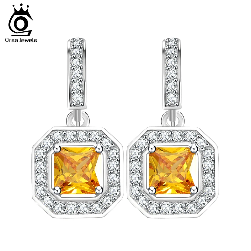 

ORSA JEWELS Square Yellow Zircon Dangle Earring with Micro Paved Clear CZ 2017 Lasted Jewelry For Women OE127