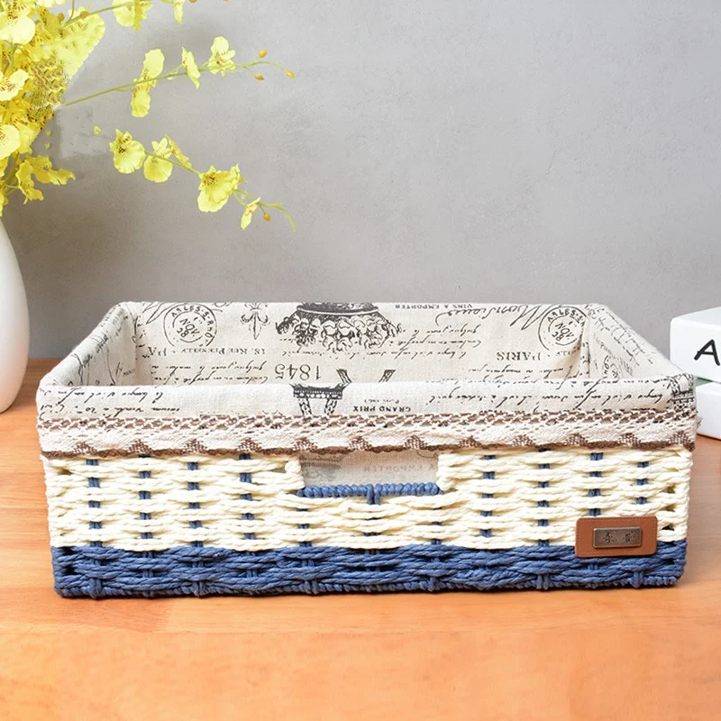 Baskets organizer straw storage snack drawer boxes paper string straw weave basket storage hand made craft steel frame household
