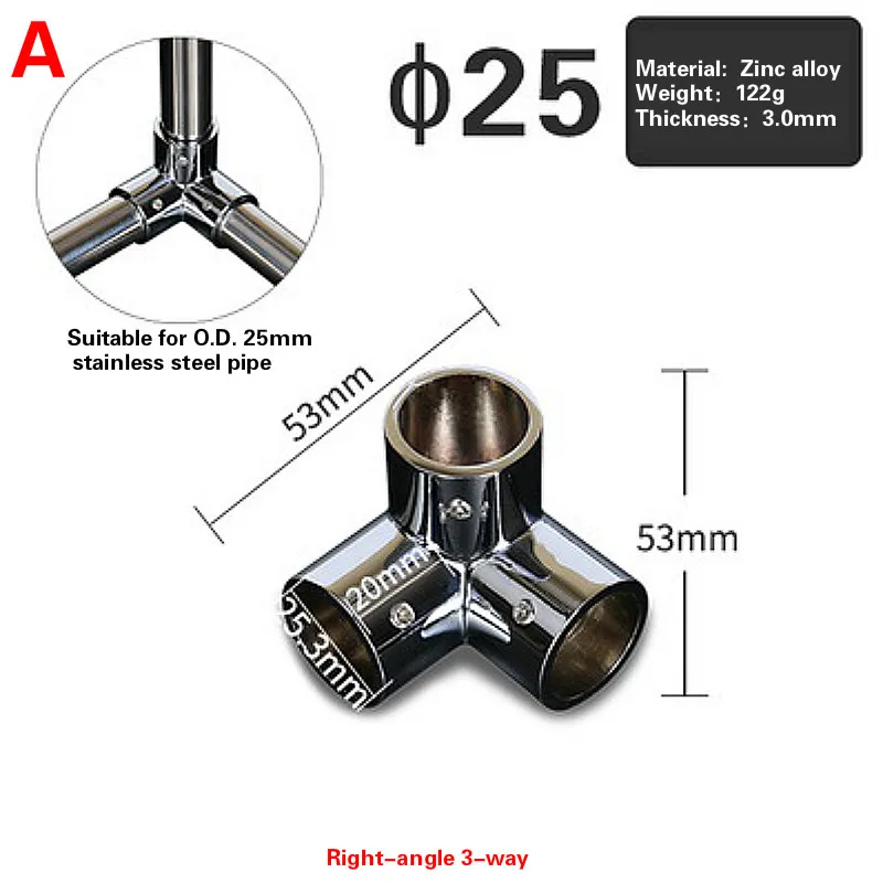4 шт. 25 мм трубы из нержавеющей стали фитинги под прямым углом тройник локоть трубы разъем Полка вешалка стойка трубы сушилки разъемы - Цвет: A