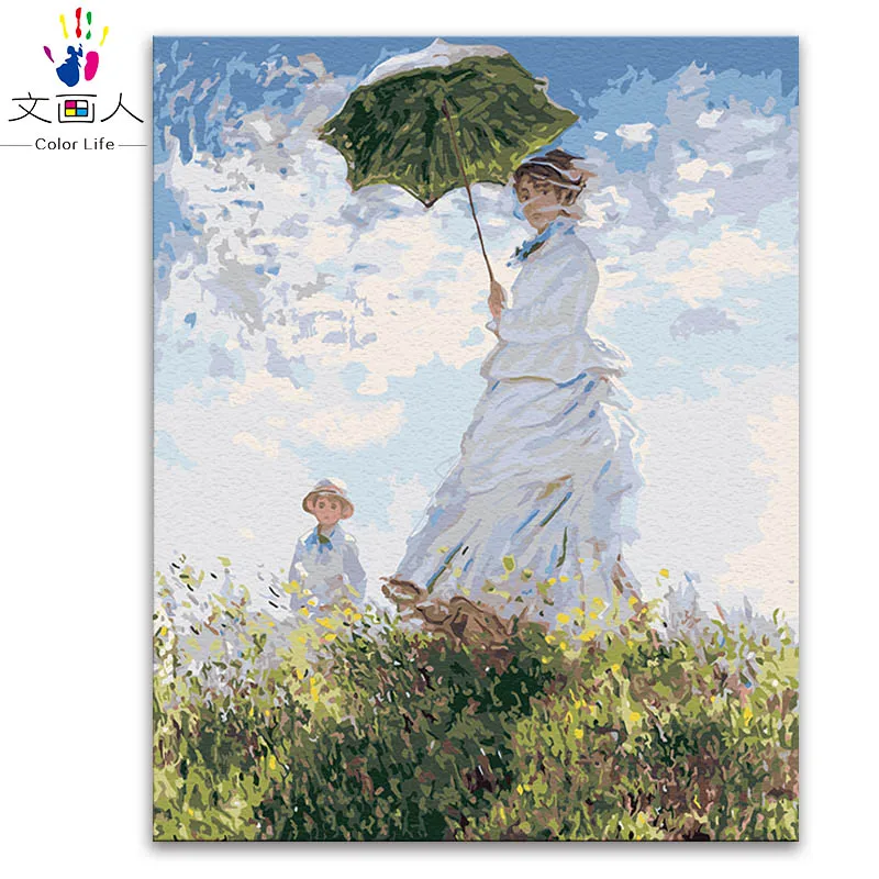 Водяные лилии картины по номерам Клода Мона цифровая Краска Рисование раскраска живопись по номерам с комплектами посылка - Цвет: 3336 umbrella women