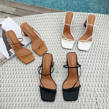 

Wood Heel Slipper Sandals Women Vintage Square Toe Narrow Band High Heel Sandals Women Summer Shoes Women
