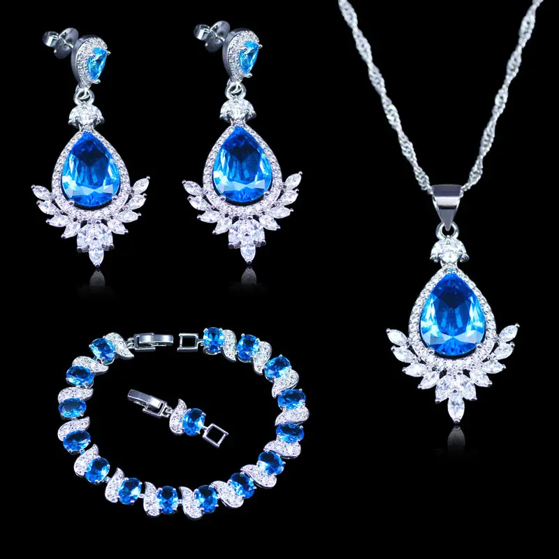 

hot sell Sky blue zircon 925 stamp silver color jewelry sets drop earrings bracelets pendant necklaces wholesale birthday gift