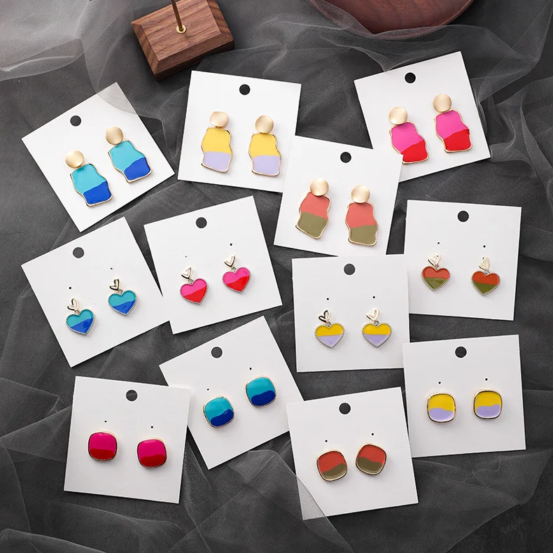 

2019 Summer New Shining Bright Enamel Drop Earrings For Women Colorful Geometric Square Heart Dangle Earings Wave Shape Brincos