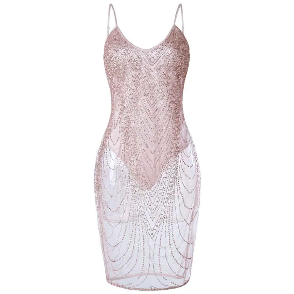 

Women Sexy Sleeveless V Neck Sequins Skinny Knee Dress 401#