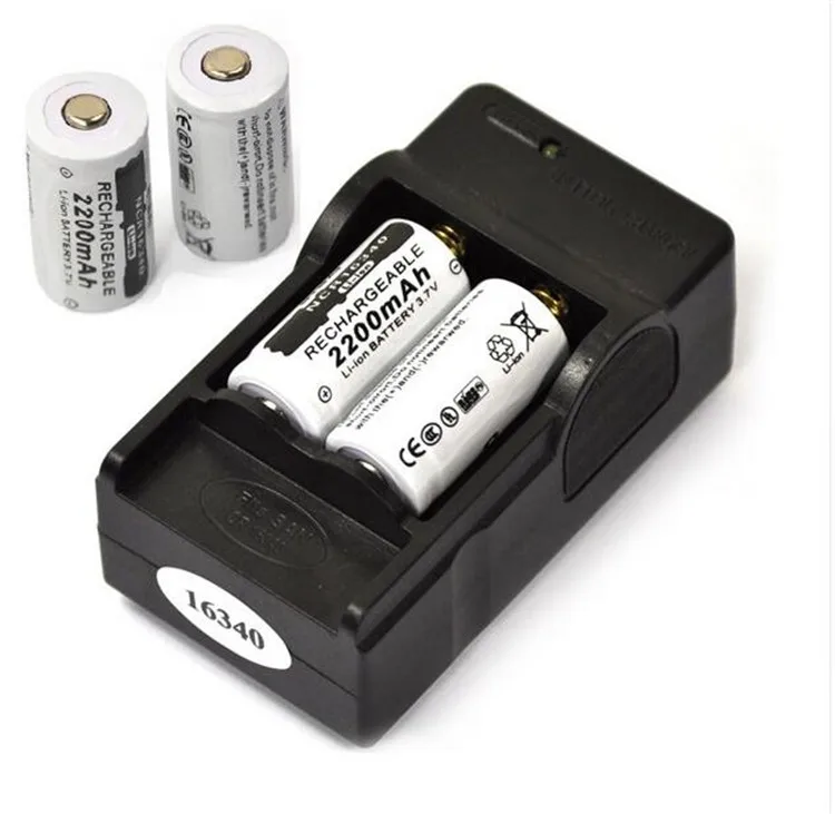 4PCS 3.7V 2200mAh 16340 CR123A rechargeable lithium ion battery + 1PCS 2 slot travel charger flashlight | Электроника