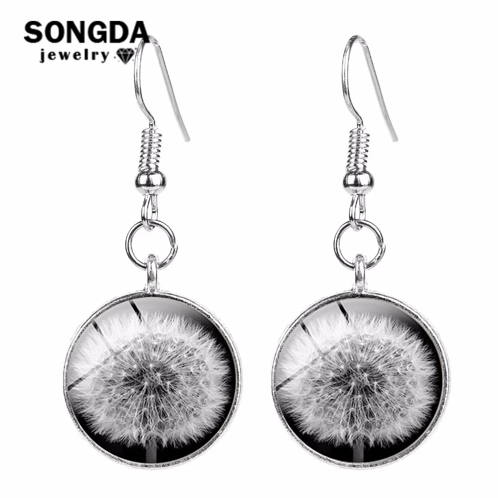 

SONGDA Fashion Dandelion Crystal Glass Cabochon Drop Earrings Fashion Jewelry Art Flower Photo Handmade Black Earrings for Women