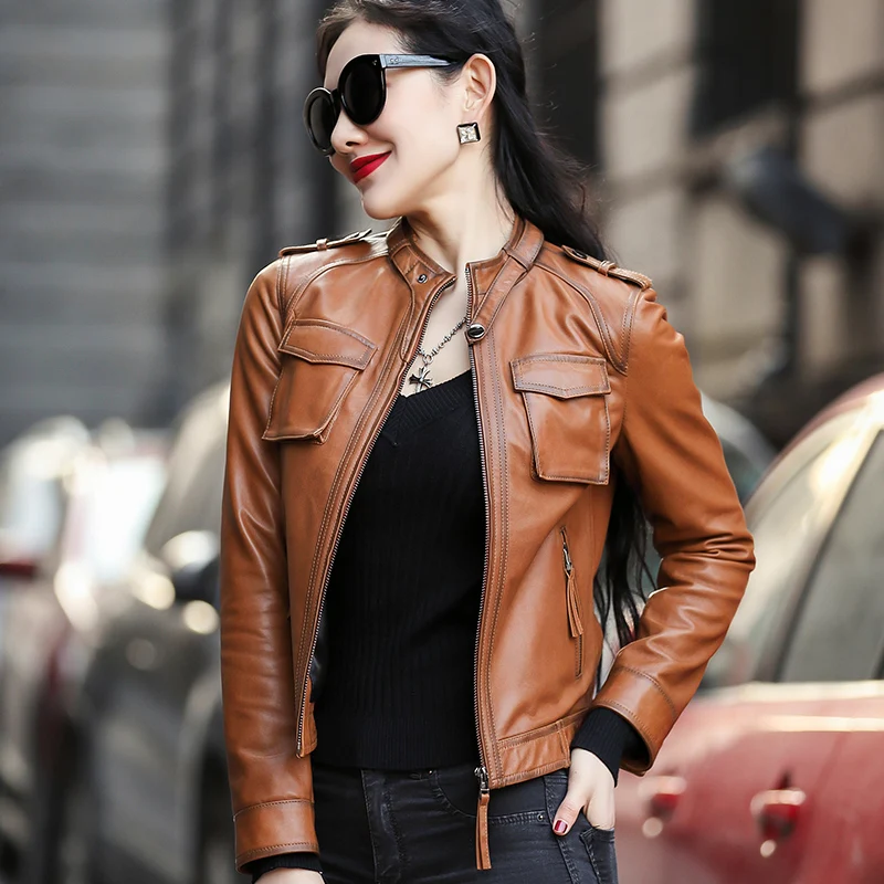 

Vintage Leather Jacket Women Spring Autumn Genuine Leather Sheepskin Motocycle Jackets Streetwear Chaqueta Mujer OT1984 YY622