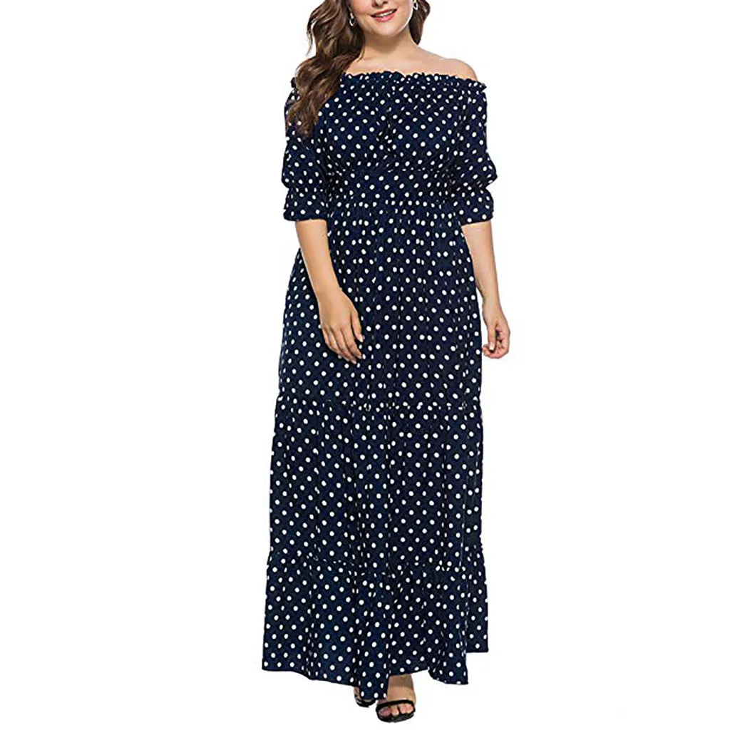

JAYCOSIN Women Summer Dress Plus Size Off Shoulder Dot Print Boho Long Dress Party Maxi Dot Print Slash neck Women Dress 19JUL8