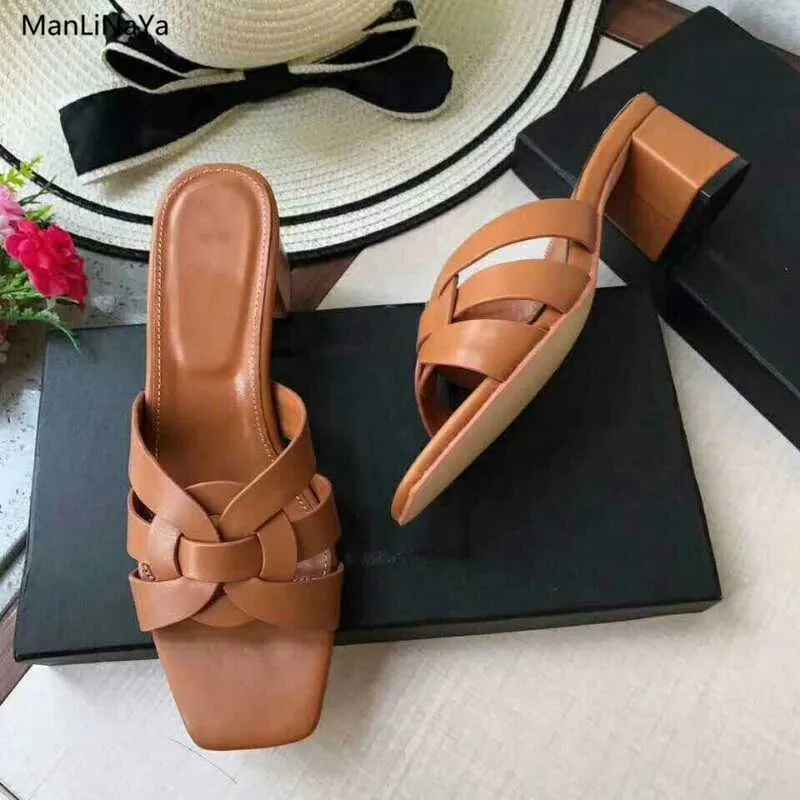 

Luxury Design Cross-tied Knit Open Toe Women Slipper Square Toe and Heel Genuine Leather Women Mules Out Door Woman Slides 2018