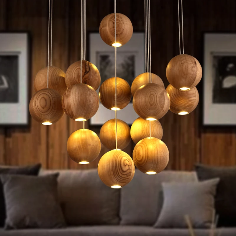 Современный подвесной светильник из цельного дерева, Китайский Японский скандинавский креативный минималистичный светильник для гостиной, столовой, деревянный подвесной светильник