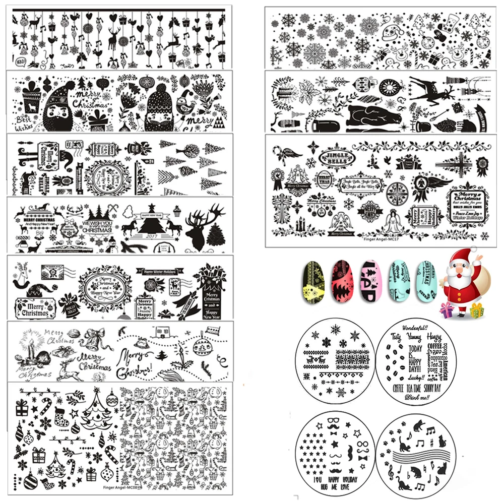 

Finger Angel 10Pcs Nail Template Christmas Design Stamping Nail Art Image Plate+ 1 Clear Silicon Nail Stamper Scraper Sets #HQ50