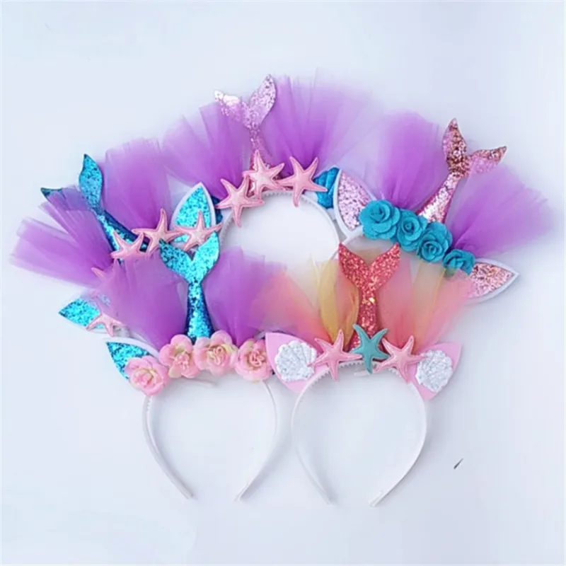 

10pcs/lot Glitter Mermaid Headband Princess Mesh Yarn Shell Flower Cat Ear Hairbands Hoop Children Party Hair Accessories