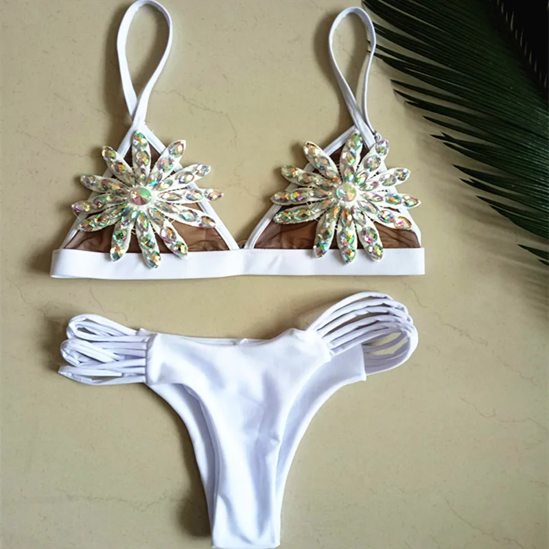 lace bikini Diamond Swimsuit Crystal women swimwear nude bikinis brazilian rhinestone beachwear