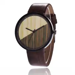 Для мужчин женщин пара Винтаж Круглый древесины искусственная кожа ремешок кварцевые наручные часы Горячие dames horloges