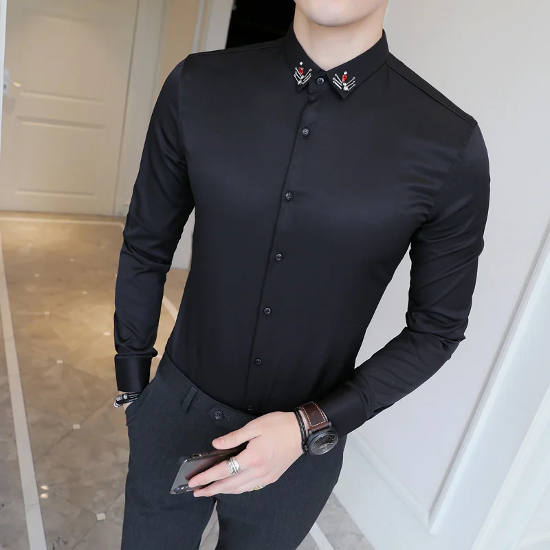 Buy Luxury Men Shirt New Neckline Hand stitched Gemstone Long sleeved Mens