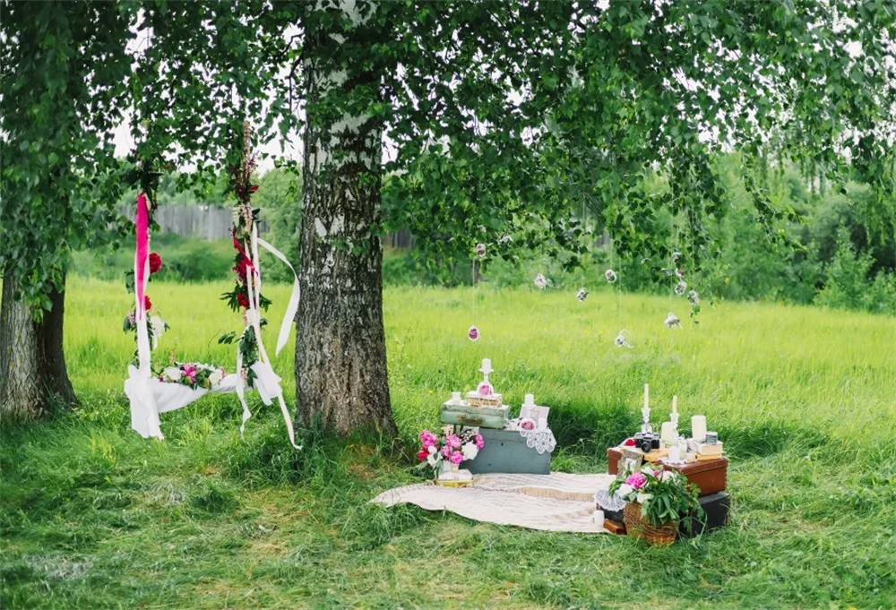 

Laeacco Tree Swing Outdoor Picnic Flower Gift Grass Scenic Photographic Backgrounds Photography Backdrops For Photo Studio