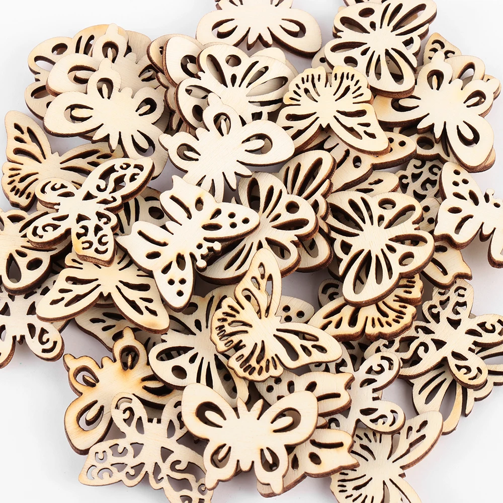 50PCS/Pack DIY Craft Wood Blank Butterfly Pattern Embellishments Wood Color Wedding Love Tags String Hanging Pendants