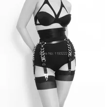 Sexy Punk Rock Gothic Handcrafted Hardcore D Metal Body Bondage Waist Cincher Leather Harness Garter Belt Suspender Stockings
